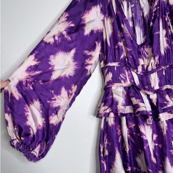 Ulla Johnson Emery Tie-Dyed Ruffle Trim Silk Mini Dress Purple/White Size 0 - Picture 5 of 10